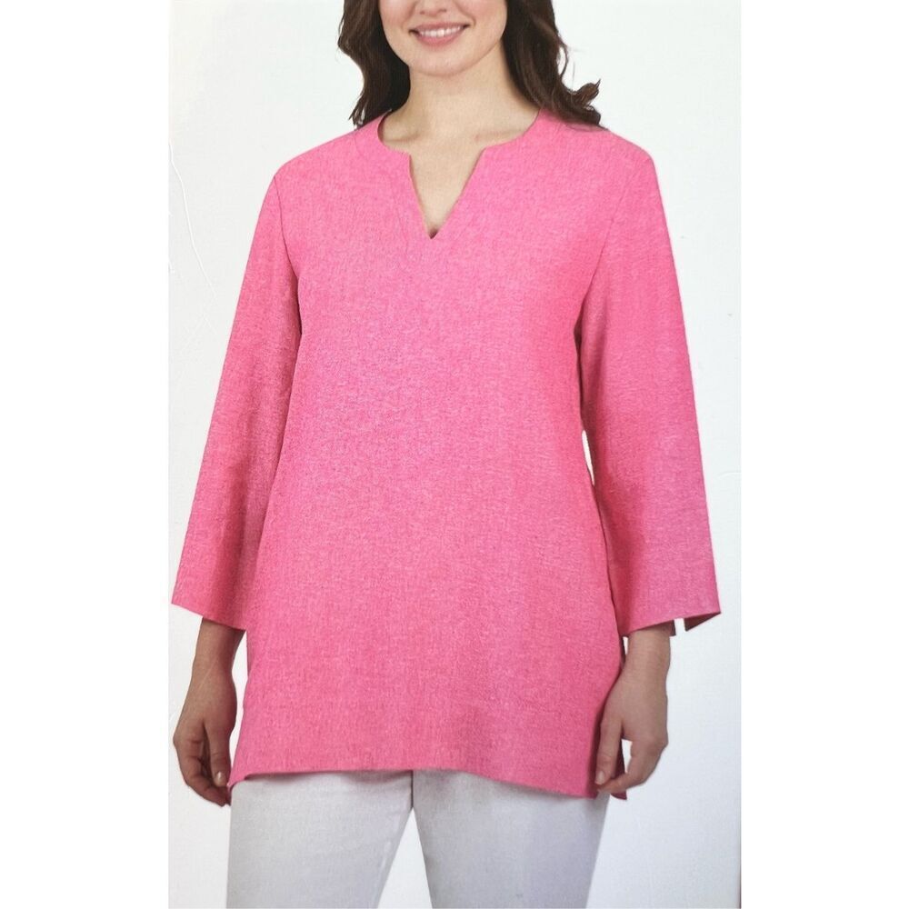 LANDS’ END Linen Tunic Women’s Size Small Hot Pink Split Neck Pockets NWT Top - Picture 7 of 14